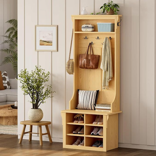 IRONCK Hall Tree with Bench and Shoe Storage, 6-in-1 Entryway Bench with Coat Rack, Adjustable Shelf, Hanging Hooks, 6 Shoe Cubbies, 2-Tier Top Storage, for Entryway, Bedroom, Living Room, Oak by IRONCK