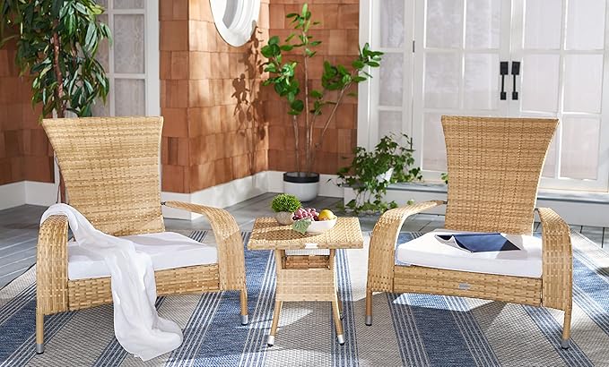 SAFAVIEH Outdoor Collection Edna Natural/White Cushion 3-Piece Lounge Set with Table (PAT7719D)