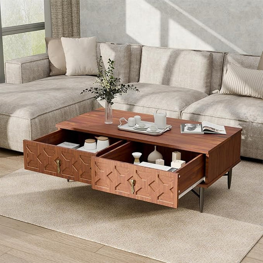 Farmhouse Coffee Table, Carved Decorative Center Table, Tea Table, Fluted Wooden Coffee Table with Storage for Living Room and Office. Walnut Brown