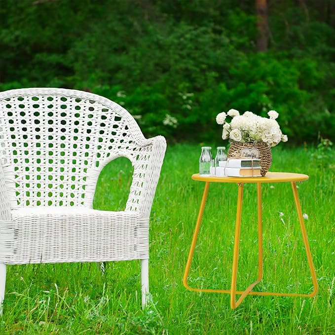 danpinera Outdoor Side Tables with Flower Cut Outs, Weather Resistant Steel Patio Side Table, Small Round Outdoor End Table Metal Side Table for Patio Yard Balcony Garden Yellow - Image 9
