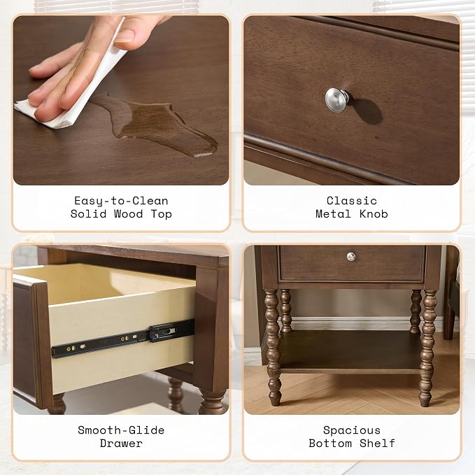 AMERLIFE 24" Walnut Nightstand, Vintage Bedside Table for Bedroom, Solid Wood Night Stand with Turned Legs, End Table with Drawer & Open Shelf, Large/Tall Nightstand, Walnut Finish - Image 7