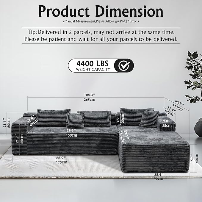 Grey sectional couches for Living Room-Corduroy Couch，104" Cloud Sectional Couch with L-Shape Chaise， Modern Modular Sofa, Deep Seat Comfort, No Assembly Required(Plush Corduroy Fabric)