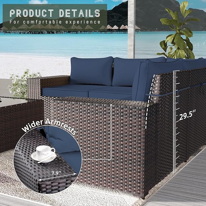 10 PCS Outdoor Patio Furniture Set,Outdoor Sectional Furniture with 43" 55000 BTU Gas Propane Fire Pit Table,PE Rattan Wicker Patio Conversation Set,Swivel Rocking Chairs Set,Navy Blue