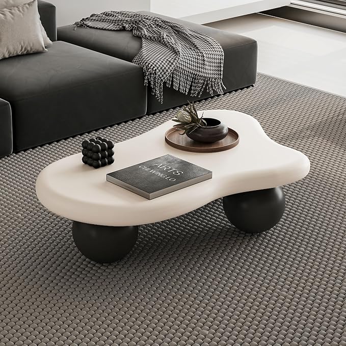 40” Cloud Coffee Table with 3 Ball Legs, Modern Irregular Center Table for Living Room, Low Cute Small MDF Tea Table for Bedroom, Space Apartment-White Black