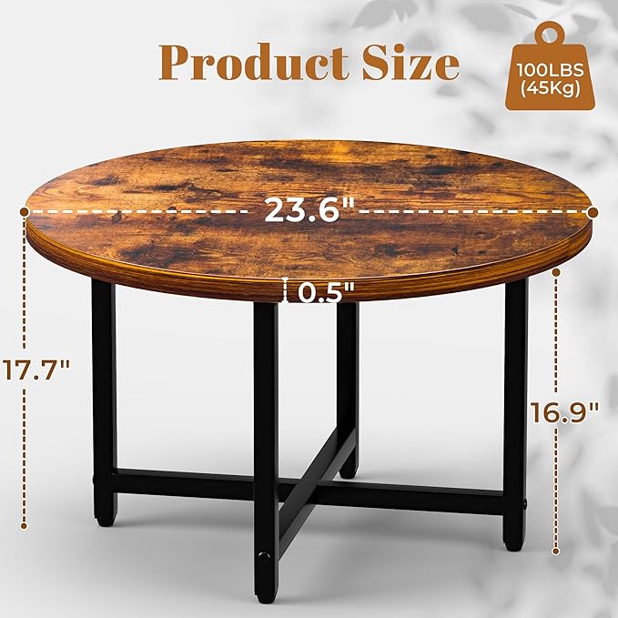 Round Coffee Table, Small Coffee Tables for Living Room, Wood Coffee Table with Metal Frame, Floor Table Desk for Sitting on The Floor, Home, Office, Farmhouse, Rustic Brown (23.6"D x 17.7"H)
