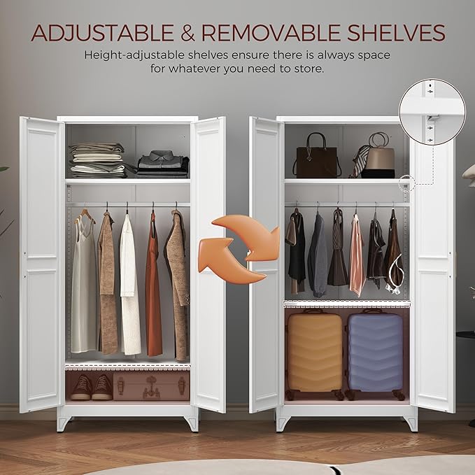 Metal Armoire Wardrobe Closet with 2 Doors, 71" Tall Wardrobe Closet with Doors, Hanging Rod, Drawers and Adjustable Shelves, White Clothing Storage Cabinets for Bedroom, Home Office