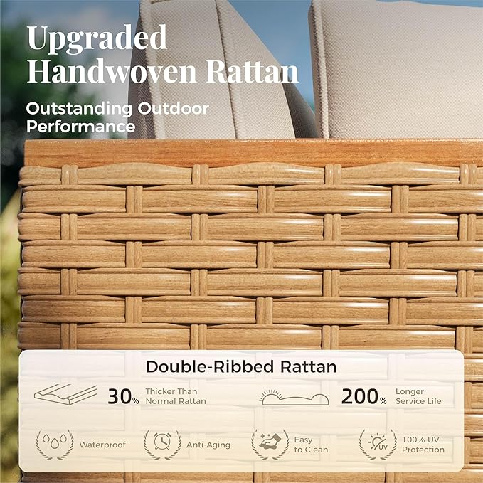 Wicker Outdoor Patio Furniture Set 7 Pieces Patio Chaise Longue Conversation Set, Rattan U-Shaped Sofa Couch with Acacia Wood Coffee Table for Deck Porch and Garden
