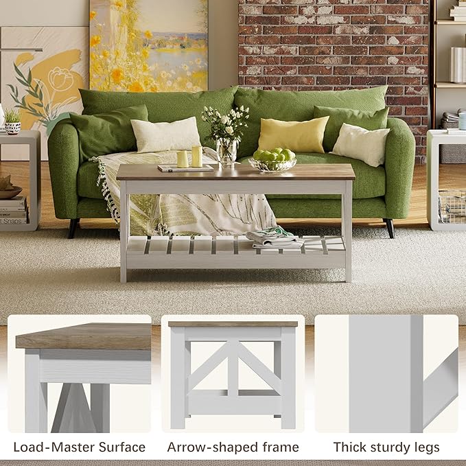JUMMICO 39” Farmhouse Coffee Table for Living Room, 2-Tier Modern Living Room Table with Storage Shelf, Rustic Rectangular Center Table Space Saving Home Furniture (Gray & White)