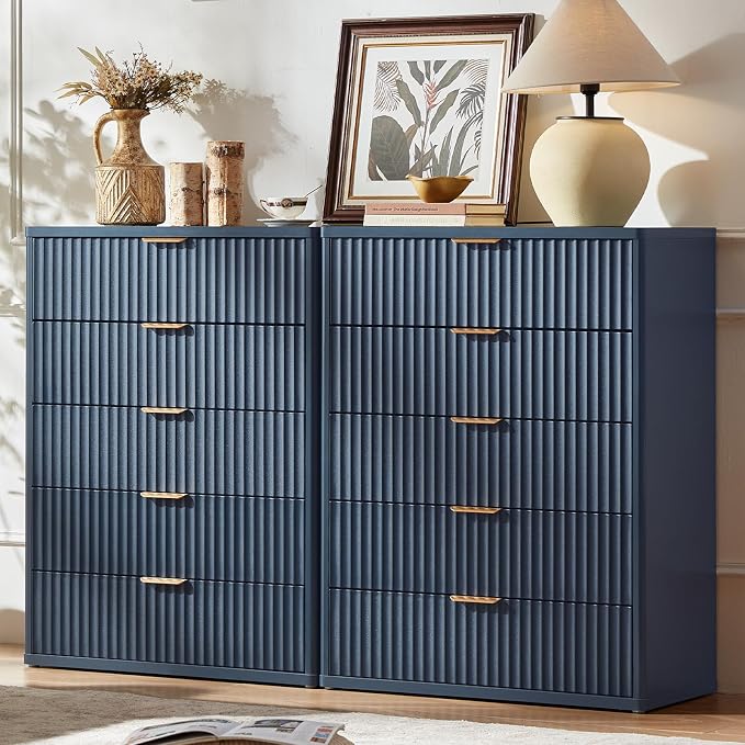 LEYAOYAO Fluted 5 Drawers Dresser for Bedroom Set of 2, 41" Tall Modern Chest of Drawers with Metal Handle, Curved Profile Design,Blue Wood Drawer Organizer for Bedroom, Living Room, Hallway by LEYAOYAO-Findtheshiningpointofyourideallife%EF%BC%81