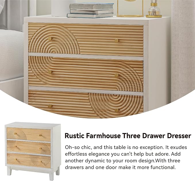 COZAYH 3-Drawer White Dresser X2 with Handicraft Wood Ring Motif, Fully Assembled Nightstand Wooden Finish for Boho, Mid-Century, Natural Wood, Rustic Style - Image 4