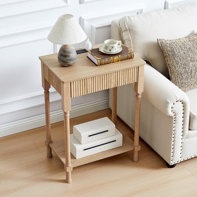 XUZENEST Fluted Nightstand with Charging Station, 23.6” Large Bed Side Table End Table with Drawer, Modern Mid Century Solid Wood Legs Night Stands Bedside for Bedroom Living Room Sofa Office, Natural - Image 7