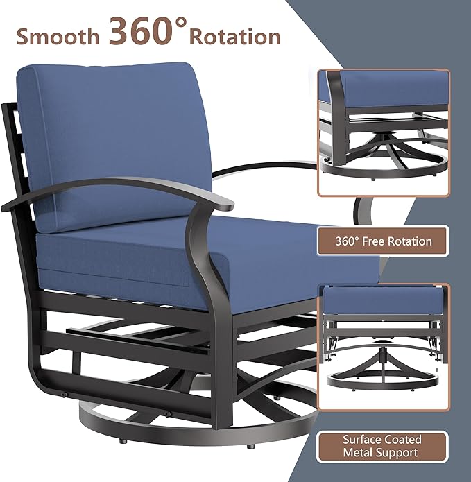 Aluminum Outdoor Patio Furniture Set,4 Pieces 5 Seats Patio Conversation Sets with 45" Propane Fire Pit Table,Metal Patio Sectional Furniture Set with 2 Swivel Rocking Chairs,Navy Blue