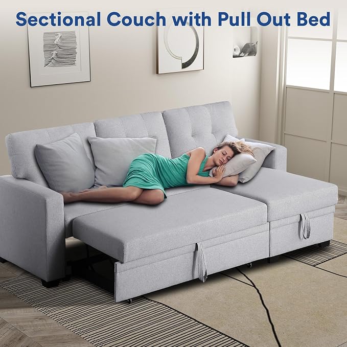 Rovibek 82" Convertible Sofa Bed Couch with Storage - 4 in 1 L Shaped Sofa with Pull Out Couch Bed for Living Room, Apartment, Office, Small Spaces, Light Grey