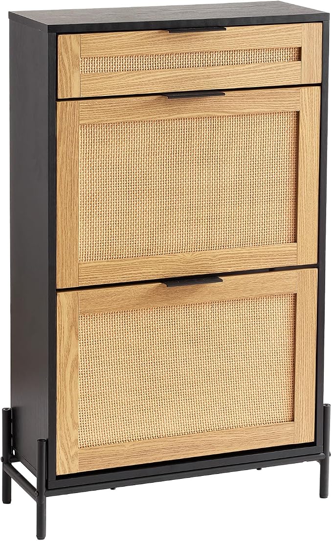 VEVOR Rattan Shoe Cabinet, Narrow Shoe Storage Organizer with 2 Flip Rattan Drawers & 1 Slide Drawer, Metal Legs, Slim Shoe Entryway Cabinet Ideal for Entryway, Closet, Hallway, Black - Image 9