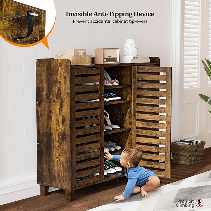 VINGLI Large Shoe Cabinet with 3 Doors 6-Tier Ultra Wide Shoe Cabinet Storage for Entryway 30 Pairs Tall Shoe Organizer Cabinet Wooden Farmhouse Shoe Rack Cabinet Rustic Brown - Image 8