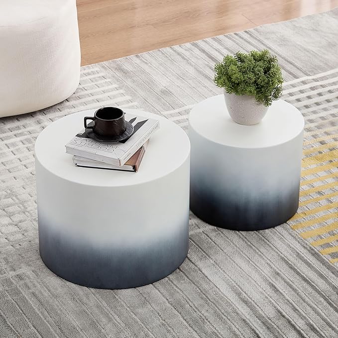 Small Round Coffee Table Nesting End Table Set of 2, MDF Side Circle Accent Tables for Small Spaces Living Room Bedroom Balcony Office,White & Black