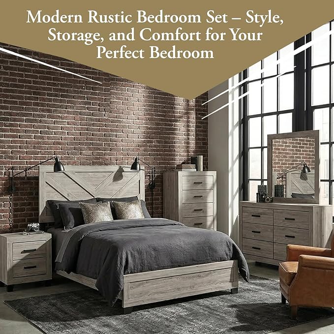 Kings Brand Furniture Napa Farmhouse 6-Piece Bedroom Set - Bed Frame with Headboard, Dresser and Mirror, Chest and 2 Nightstands (Queen)