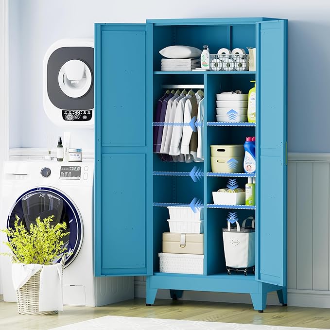 71" Armoire Wardrobe Closet with Hanging Rod & Adjustable Shelves, 2 Doors Blue Armoire Wardrobe Closet, Metal Clothing Storage Wardrobe Cabinet for Bedroom, Laundry Room, Office