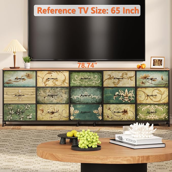 Tohomeor Dresser for Bedroom Chest of Drawers Fabric Dresser for Closet, Nursery Entryway Hall Tree TV Stand for Living Room Retro Floral Pattern Wooden Top (15 Drawers) - Image 5