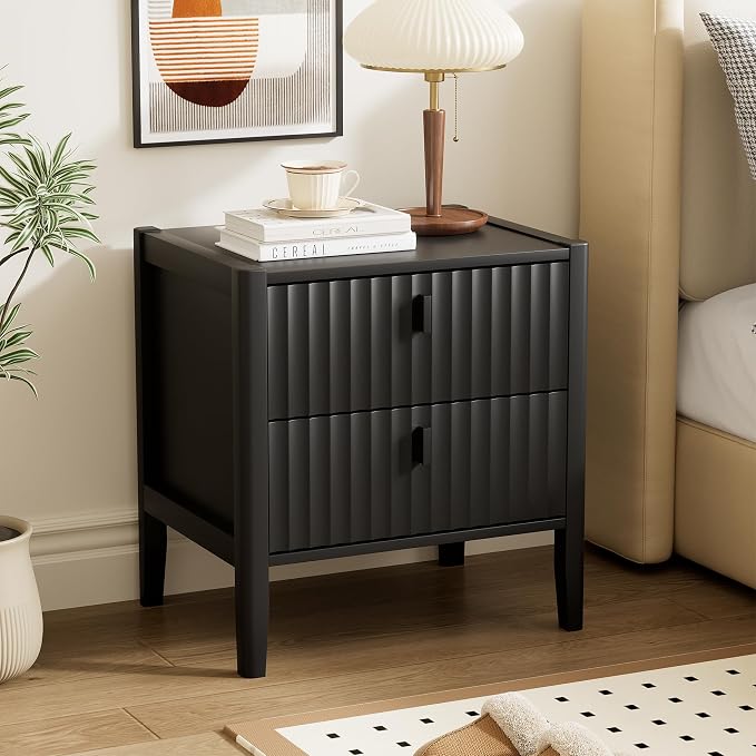 Furniway Nightstand Set of 2, Modern End Table with Solid Wood Legs, Bedside Table with 2 Drawers and Metal Handles for Bedroom, Black - Image 4