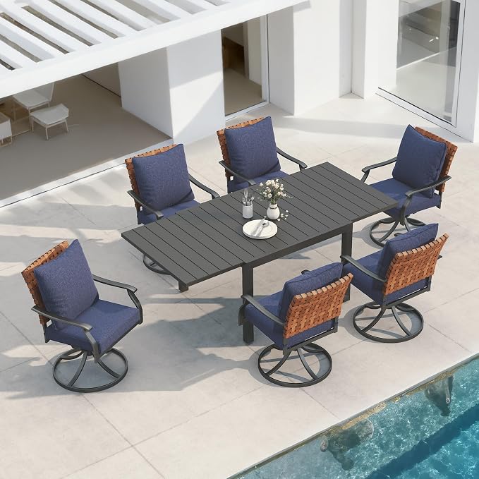 Grand patio 7-Piece Outdoor Dining Set, 6 Leather-Look Wicker Blue Swivel Patio Chairs & 1 Expandable Dining Table, Black by GrandPatio