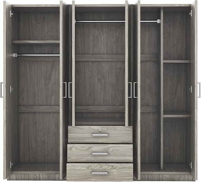 68" H Large 6 Doors Wooden Wardrobe Closet, Freestanding Armoire Wardrobe Closet Cabinet with 3 Drawers, Shelves and Hanging Rod for Hanging Clothes, Coat Closets for Bedroom, Gray
