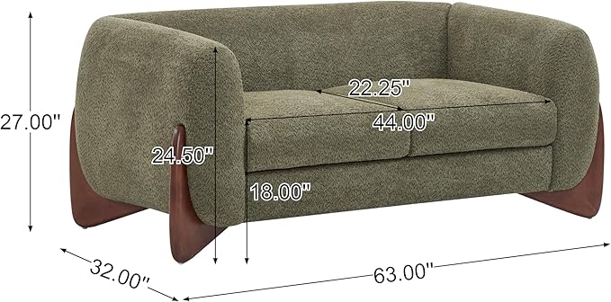 Merax 63 Inch Modern Boucle Upholstered 2-Seater Sofa, Chenille Fabric Loveseat with Solid Wood Legs, Low Profile Small Couch for Living Room, Olive Green