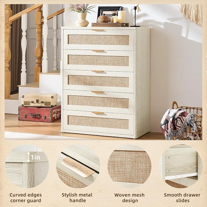 LEYAOYAO Rattan Dresser for Bedroom Set 2, 41" Tall Chest of Drawers, Modern 5 Drawers Boho Dressers with Storage, Light Oak Dresser Wooden Closet Organizer for Living Room, Hallway, Grey White - Image 7