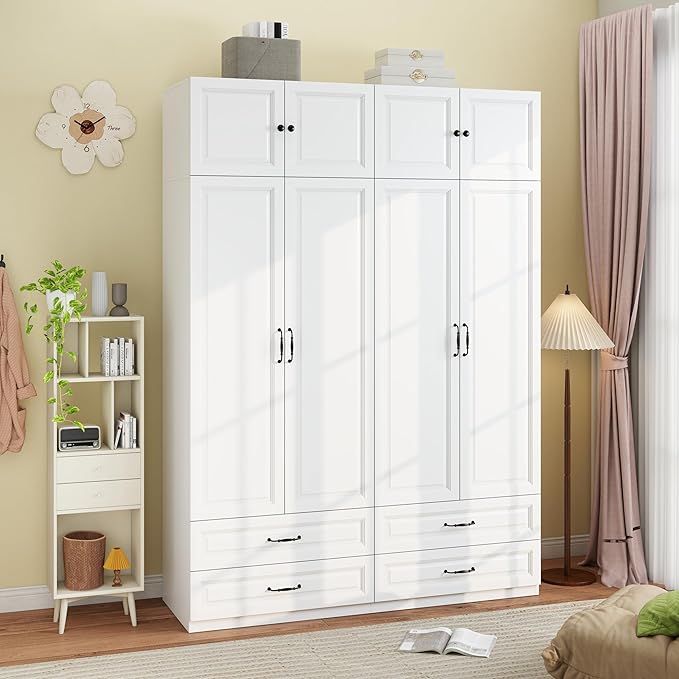 Armoire Wardrobe Closet with Drawers: 63" Large White Wood Wardrobe Closet with 4 Doors and 4 Drawers, Modern Clothes Storage Cabinet for Bedroom Armoire with Shelves (63")