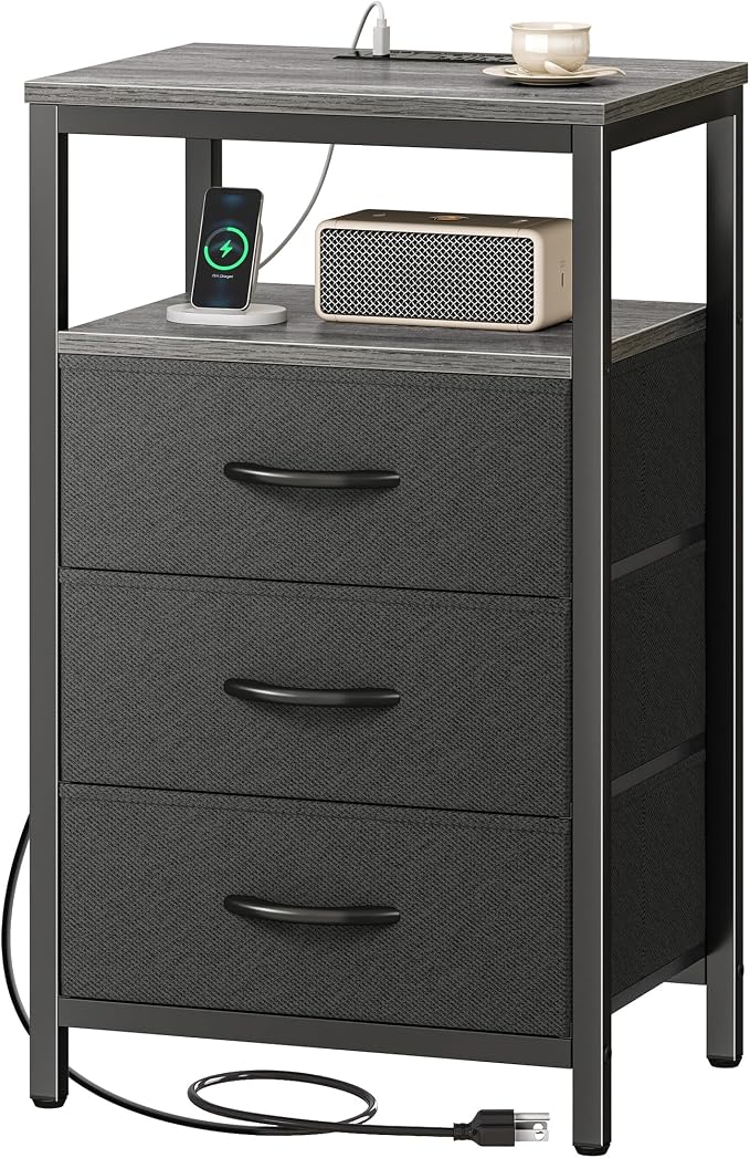 Huuger Nightstand with Charging Station, 27.6 Inch End Table Bedside Table with USB Ports and Outlets, Fabric Drawers, Night Stand for Bedroom, Charcoal Gray by Huuger