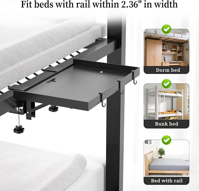 Foldable Bedside Shelf, Metal Clip-On Bed Tray Table for Bunk Bed & Dorm Beds, Dorm Room Essentials Organizer for College Students, Floating Tray, Space Saving Nightstand for Loft Beds (Black, Small) - Image 4