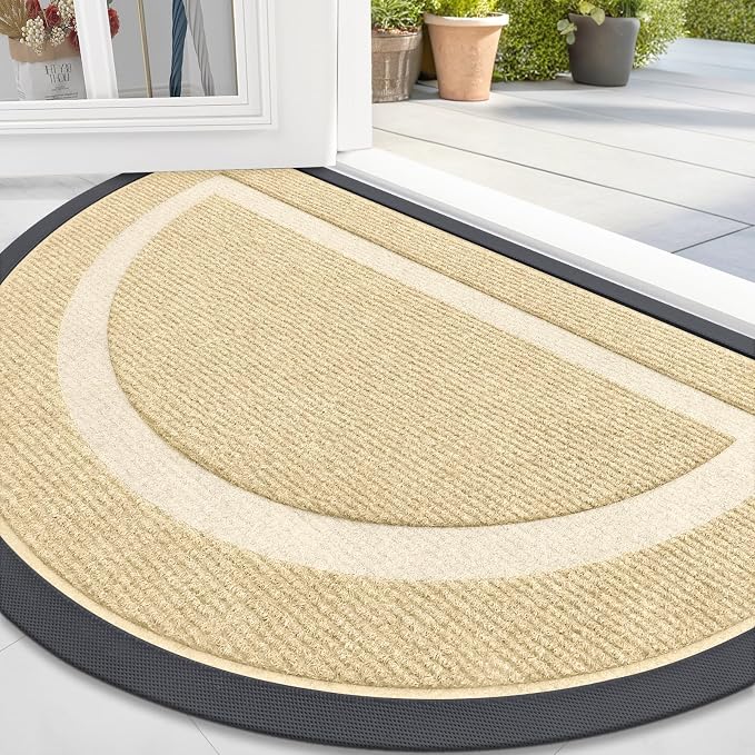 OLANLY Half Circle Door Mat Indoor Outdoor Entrance Welcome, Waterproof All-Season, All-Weather Doormat, Sturdy Natural Rubber, Low Profile, Easy Clean Patio Porch Entryway Mat, 33x21, Beige by OLANLY