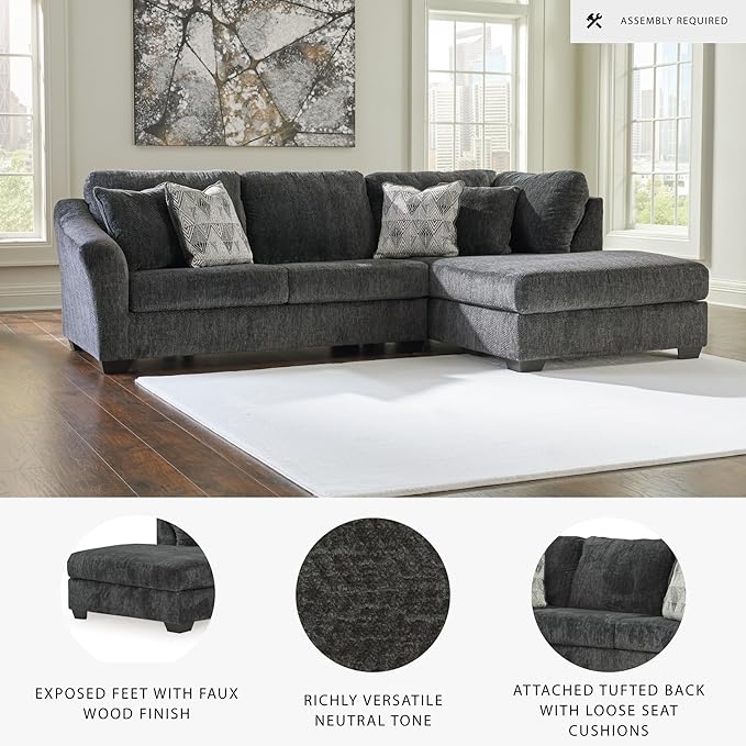 Signature Design by Ashley Biddeford Contemporary L-Shaped Right-Arm Facing 2-Piece Sectional with Chaise, Loose Seat Cushions and 4 Accent Pillows, Gray