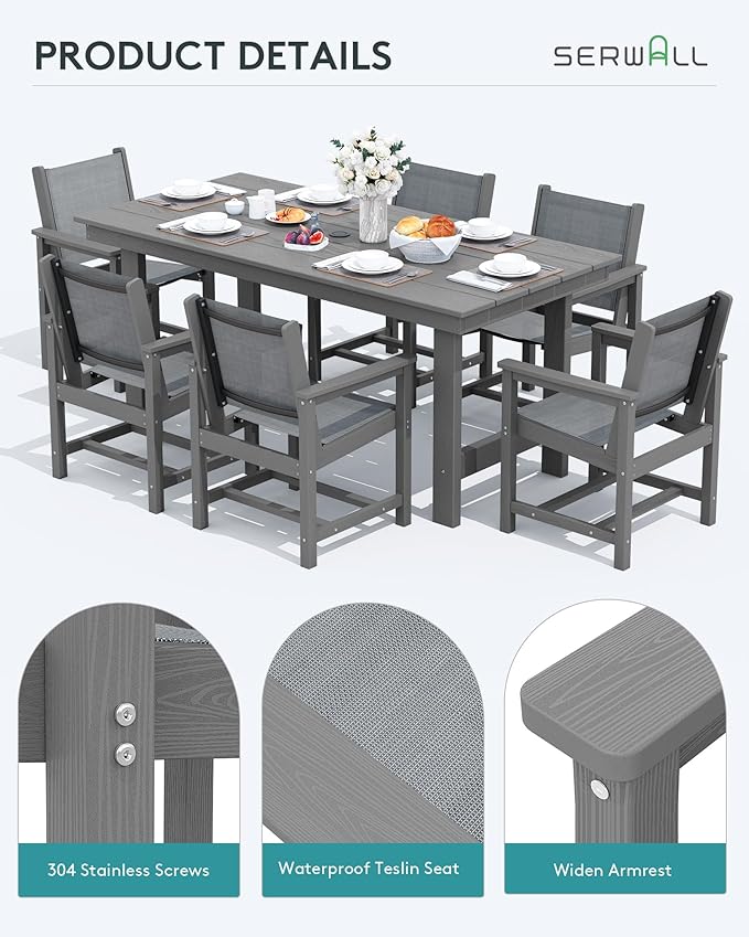 SERWALL 5 Piece Patio Dining Sets, Outdoor HDPE Dining Furniture Set with Umbrella Hole Cut-Out Table and 4 Woven Chairs, Gray - Image 5
