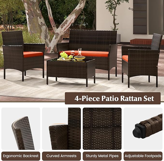 KOTEK 8 Piece Patio Furniture Set, Outdoor Rattan Conversation Set with Loveseat, Wicker Chairs, Tempered Glass Coffee Table, Wicker Patio Set for Backyard, Porch (Orange)