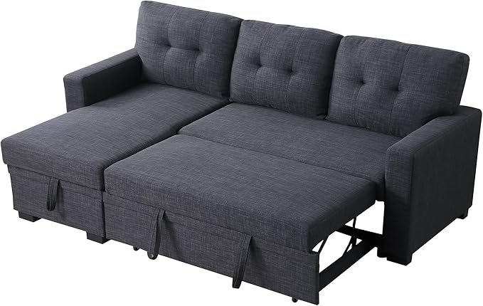 ERYE 82-inch Pull Out Sleeper Couch Bed, L-Shaped Reversible Sleeper Sectional Sofa Linen Blend Tufted Upholstered Corner Convertible Sofa Bed with Storage Chaise