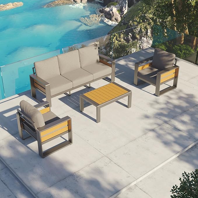 Aoxun Aluminum Patio Furniture Set, 5 Seats Luxury Metal Patio Conversation Sets with Coffee Table, 6'' Thick Cushions and 3-Seat Sofa, Modern Outdoor Furniture Set for Backyard/Poolside, Light Grey