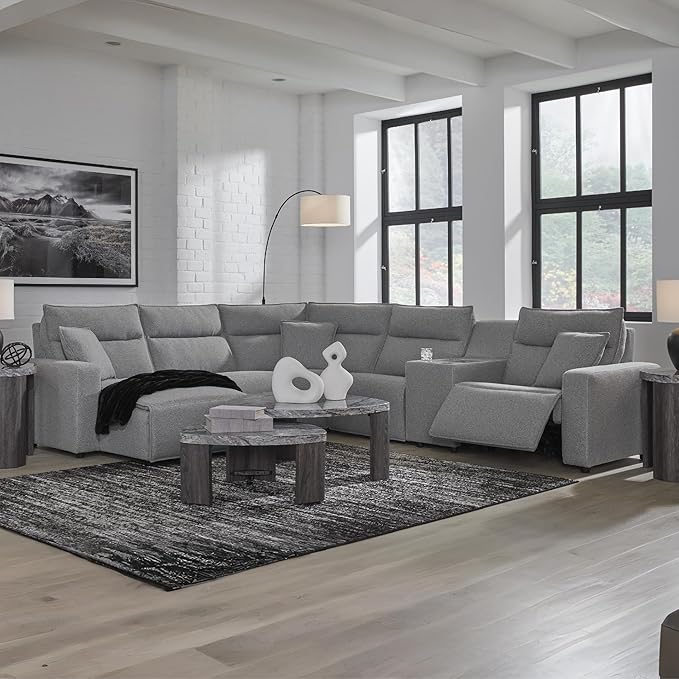 Signature Design by Ashley Modern ModMax II Stain Resistant U-Shape Right-Arm Facing 6-Piece Power Reclining Sectional with Chaise and Adjustable Headrest, Gray