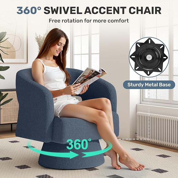 Nebuaegis Swivel Accent Chair Set of 2, Modern Comfy Teddy Barrel Chairs, Oversized Upholstered Round Arm Chair for Living Room, Bedroom, Reading Room, Blue