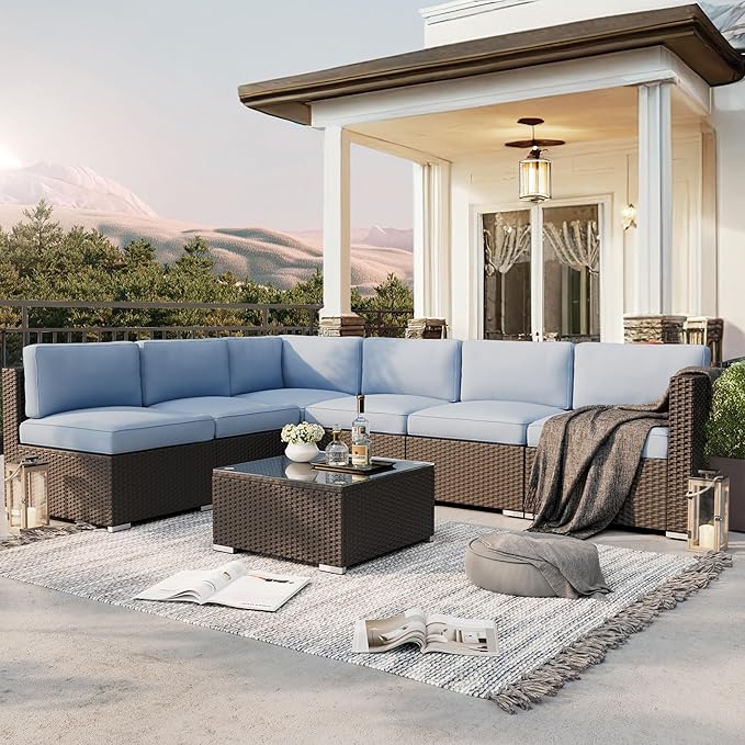 SUNCROWN 7-Piece Outdoor Patio Furniture Sofa Set All-Weather Black Wicker Sectional Conversation Set with Modern Glass Coffee Table and Cushions, Backyard, Garden, Poolside, Light Blue