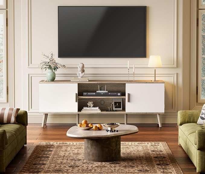 SUPERJARE TV Stand for 55 Inch TV, Entertainment Center with Adjustable Shelf, 2 Cabinets, TV Console Table, Media Console, Solid Wood Feet, Cord Holes, for Living Room, Bedroom, Gray and White - Image 2