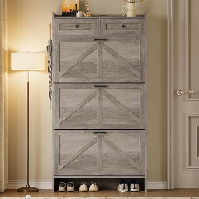BORNOON Shoe Storage Cabinet for Entryway, Farmhouse Narrow Shoe Cabinet with 3 Flip Drawers & 2 Top Drawers, Adjustable Shelves & Hooks, Freestanding Hidden Rack Organizer for Hallway, Foyer - Image 5