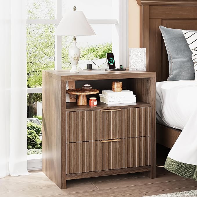VINGLI Fluted Nightstand Set of 2 with Charging Station, 23.6" W Mid Century Modern Nightstand for Bedroom, 2 Drawer Bedside Table, End Tables Bedroom, Wood Side Table, Brown - Image 2