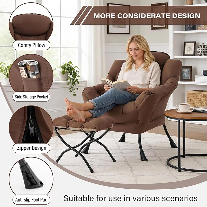 MBOOYOME Lazy Chair with Folding Ottoman, Modern Accent Armchair with Armrests and a Side Pocket & Foldable Footstool, Reading Chair for Living Room, Bedroom, Dorm & Office, Dark Brown