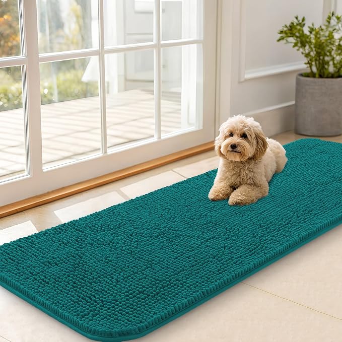 OLANLY Dog Door Mat for Muddy Paws 59x20, Absorbs Moisture and Dirt, Absorbent Non-Slip Washable Doormat, Quick Dry Chenille Mud Mat for Dogs, Entry Indoor Entryway Carpet for Inside Floor, Lake Blue by OLANLY