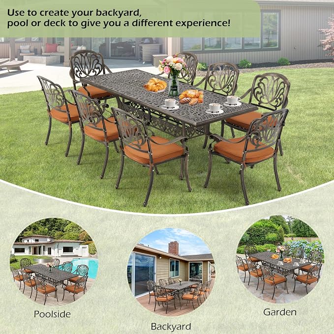 [Hi-End]Cast Aluminum Patio Furniture Set 9-Piece Outdoor Dining Set Includes 86.6’’ Rectangular Patio Table with Umbrella Hole and 8 Cushioned Dining Chairs,Rust-Free for Patio Deck Garden Pool - Image 6