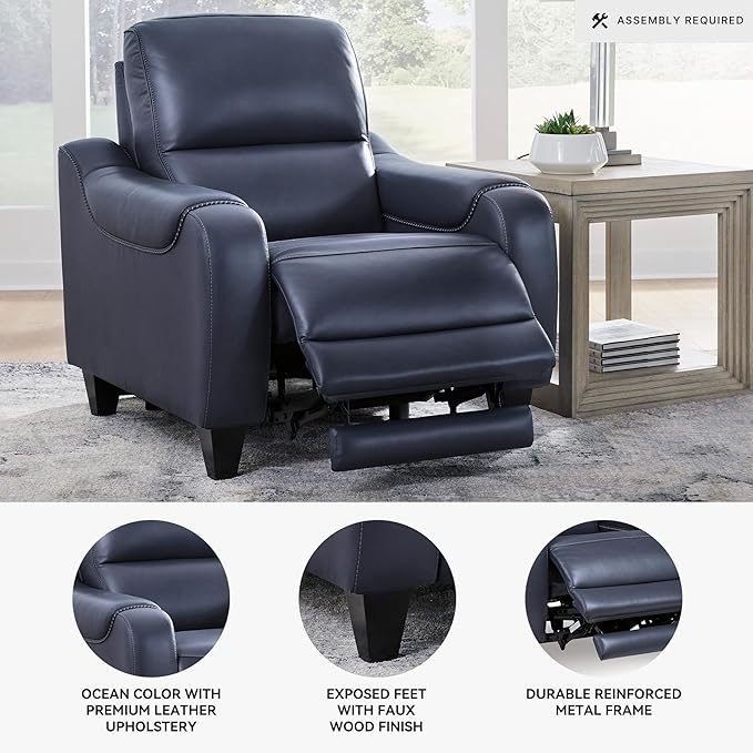 Signature Design by Ashley Mercomatic Contemporary Power Recliner with Adjustable Headrest and USB-C Fast Charging, Leather, 20.63" Seat Height, Blue
