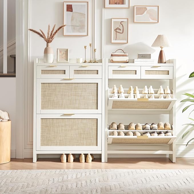HOKYHOKY Rattan Shoe Storage Cabinet with 2 Drawers & 2 Flip Drawers – Hidden Slim Shoe Organizer for Entryway, Large Tabletop Space, Farmhouse Boho Narrow Shoe Rack, Rustic White - Image 6