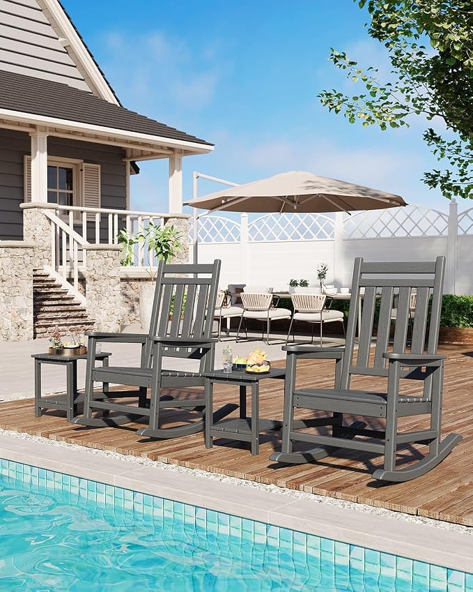 Garvee HDPE Rocking Chair Outdoor Set of 2 - Poly High Back Porch Rocker Chairs for Adults - All Weather Resistant Furniture for Patio Front Porch - Gray - Image 6