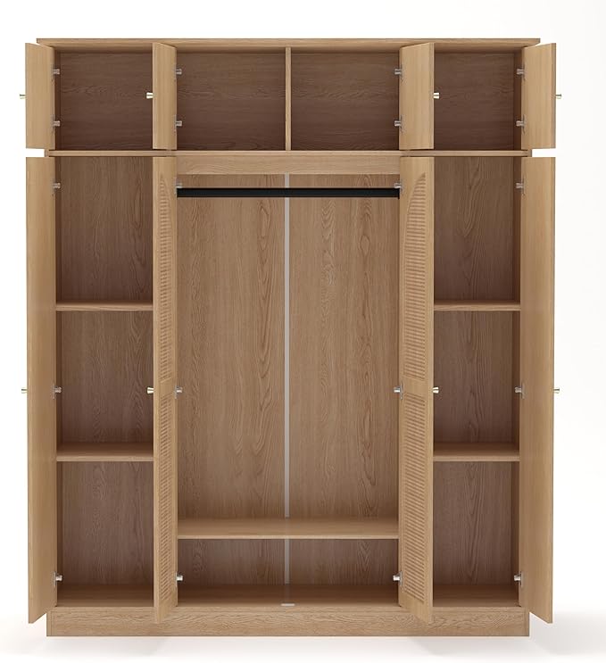 KEIKI Large 8 Doors Wood Wardrobe, Bedroom Tall Armoire Closet Organizer w/Rattan Decorative, Hanging Rails & Adjustable Shelves Clothes Storage Cabinet for Garage & Laundry Room, Brown